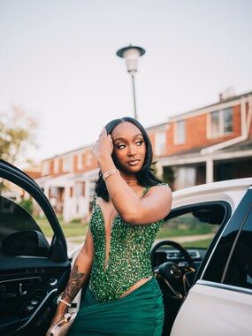 Green Embellished Plunging Evening Gown